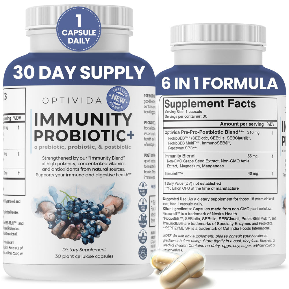 OPTIVIDA 6-in-1 Synbiotic bottle promotes daily gut support for busy lifestyles.