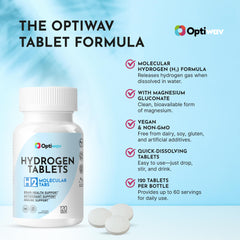Optiwav hydrogen tablets dissolving in clear water with bubbles signaling fast activation and energy.
