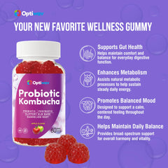 Optiwav Probiotic Kombucha Gummies apple flavor close-up suggests tasty daily use.