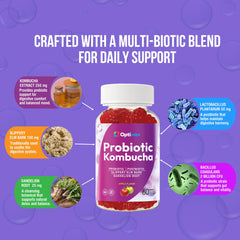 Optiwav Probiotic Kombucha Gummies gummy texture close-up for easy routine.
