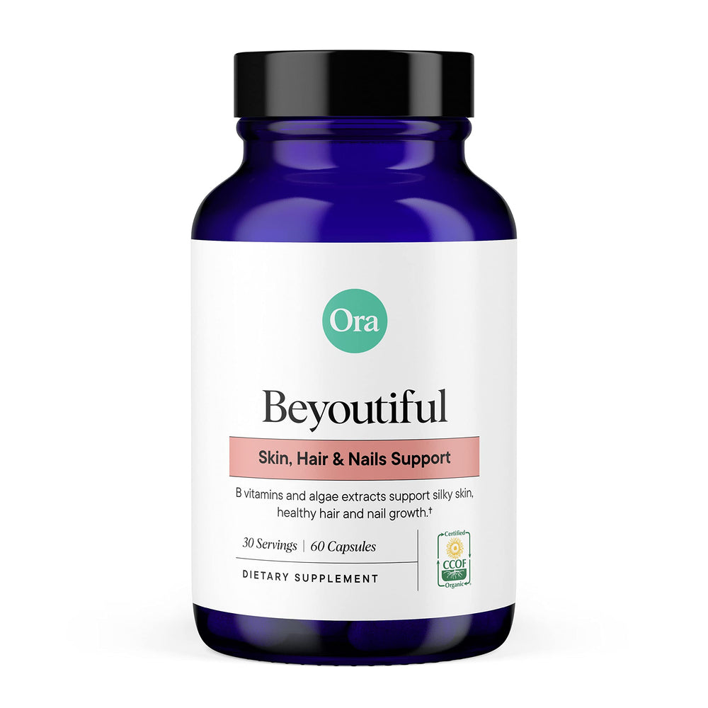 Ora Organic Beyoutiful bottle pour showing easy daily beauty support for hair and nails