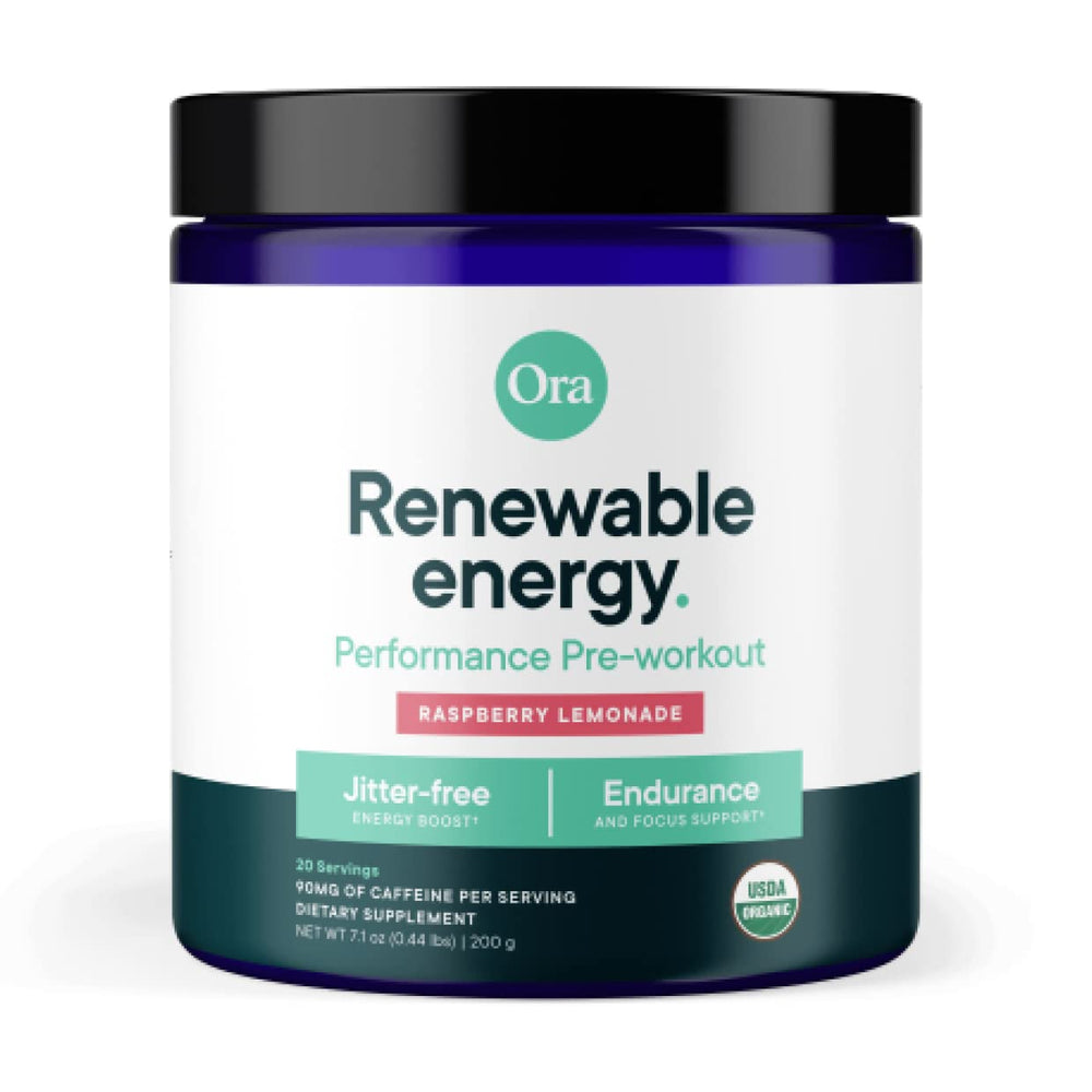 Ora Organic pre-workout canister in raspberry lemonade powering clean workouts