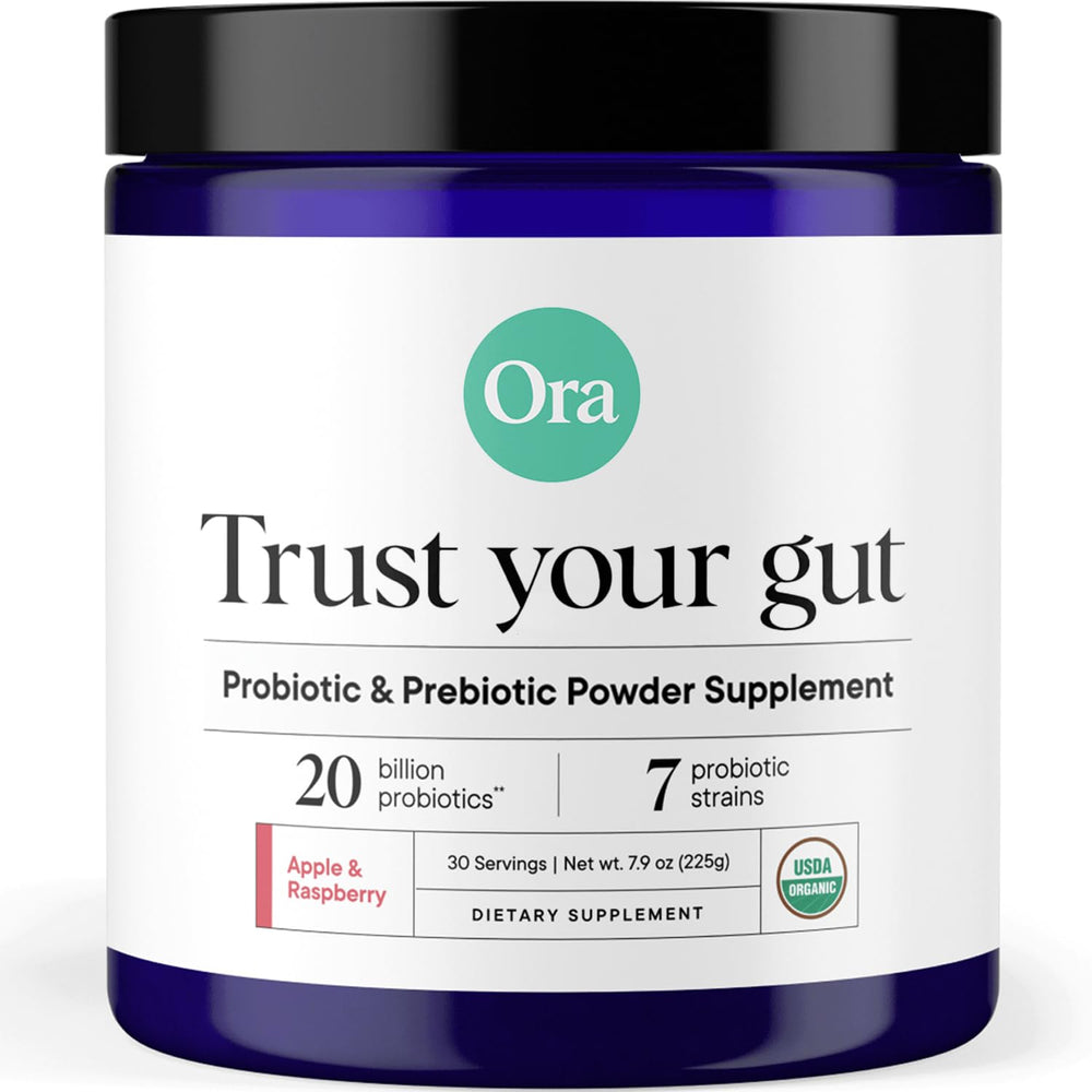 Ora Organic prebiotic and probiotic powder bottle with 30 servings for gut support.
