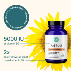 Front view of Ora Organic Vitamin D3 5000IU + K2 bottle highlighting vegan D3 source.