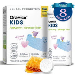 OraTicx Kids Dental Probiotics tablet dissolving for a kid-friendly bedtime routine.
