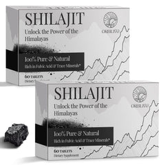 Orbilive Shilajit tablets 1000 mg bottle close up, convenient daily energy support