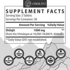Orbilive Shilajit tablets label close-up emphasizing authenticity and mineral richness.
