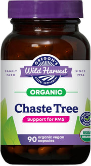 Oregon's Wild Harvest chaste-tree capsules bottle showing a 90-count supply for daily balance support