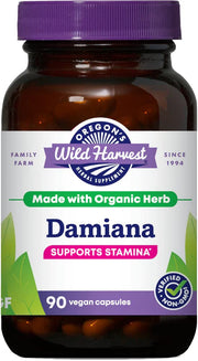 Oregon's Wild Harvest Damiana capsules in a bottle for daily wellness ritual.