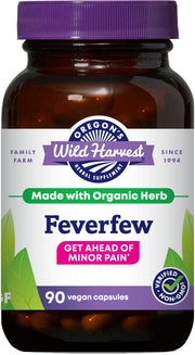 Oregon's Wild Harvest feverfew bottle front, herbal supplement for minor head discomfort.