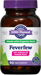 Oregon's Wild Harvest feverfew bottle front, herbal supplement for minor head discomfort.