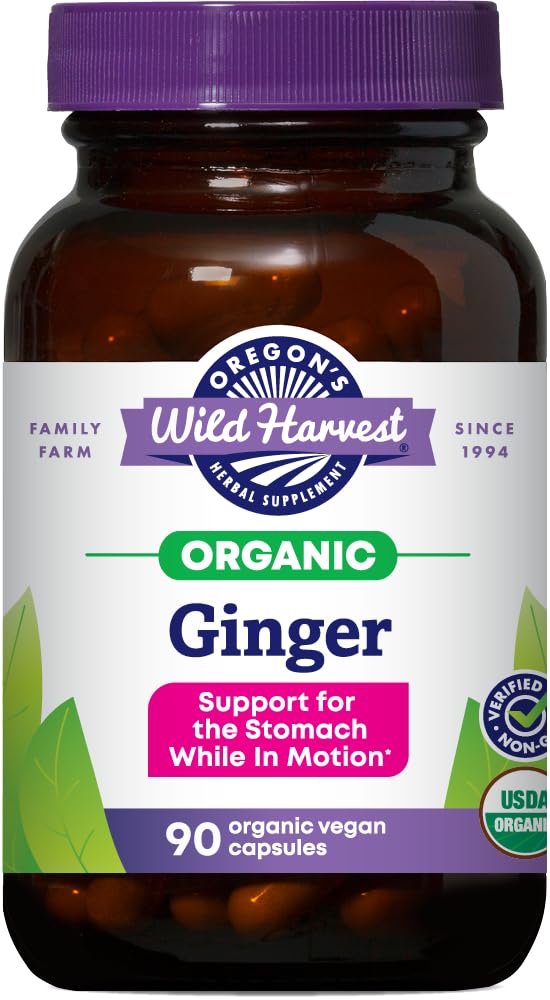 Oregon's Wild Harvest ginger capsules bottle close-up for daily digestive support with organic non-GMO quality.