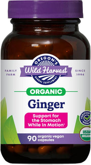 Oregon's Wild Harvest ginger capsules bottle close-up for daily digestive support with organic non-GMO quality.