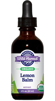 Oregon's Wild Harvest Lemon Balm extract bottle shows organic formula for gentle calm.