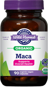 Oregon's Wild Harvest Maca Root bottle with vegan capsules for daily energy support.