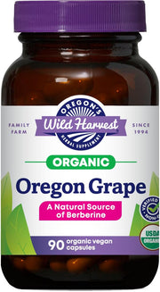 Oregon's Wild Harvest Oregon Grape bottle front showing the organic Berberine-rich supplement.