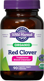Oregon's Wild Harvest Red Clover capsules bottle front, gluten-free vegan supplement for everyday vitality