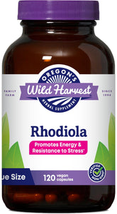 Oregon's Wild Harvest Rhodiola supplement bottle supports energy on busy days.