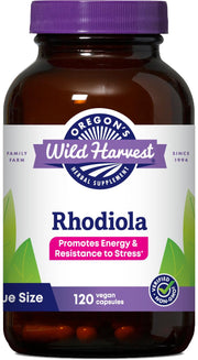 Oregon's Wild Harvest Rhodiola supplement bottle supports energy on busy days.