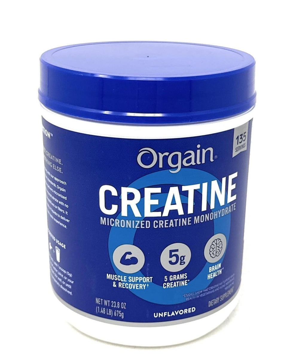 Orgain creatine micronized powder container for easy daily use.