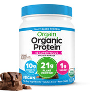 Orgain Organic Vegan Protein 50 Superfoods front label creamy chocolate fudge for smoothies.