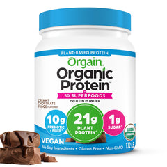 Orgain Organic Vegan Protein 50 Superfoods front label creamy chocolate fudge for smoothies.