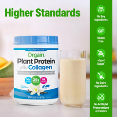 Orgain vanilla bean shake in a glass highlights creamy texture and mixability.