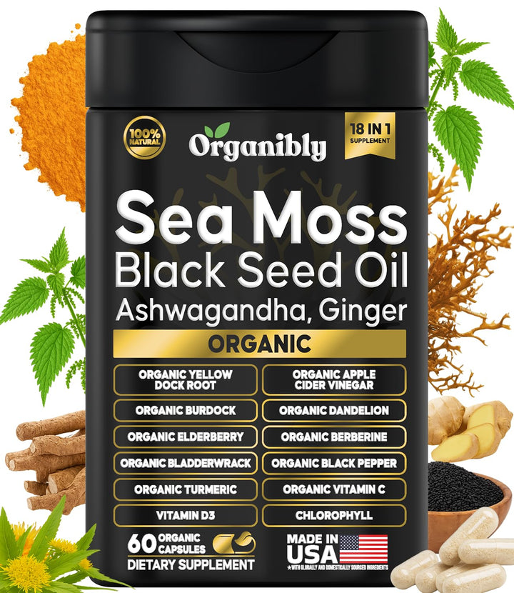 Organibly sea moss capsules bottle showcasing a complete wellness blend for vitality.