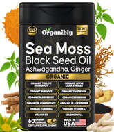Organibly sea moss capsules bottle showcasing a complete wellness blend for vitality.