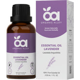 Organic Alley Lavender oil bottle showcasing pure therapeutic-grade aroma for relaxation.