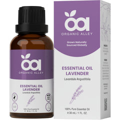 Organic Alley Lavender oil bottle showcasing pure therapeutic-grade aroma for relaxation.