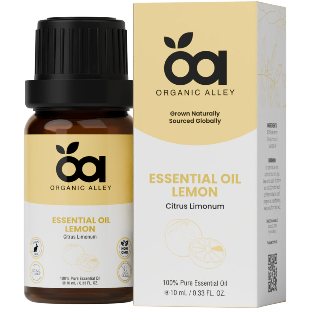 Organic Alley Lemon Essential Oil bottle shows pure, undiluted lemon for diffusers.