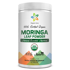 Organic Aura Moringa leaf powder 1 lb packaging with USDA Organic label, suggesting natural energy support.