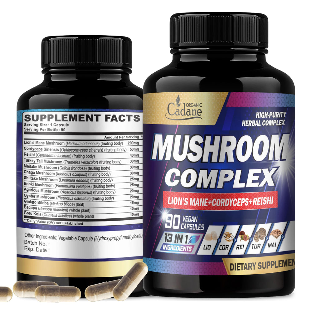 Organic Cadane Mushroom Complex bottle shown for daily vitality and focus support.