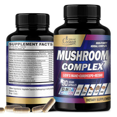 Organic Cadane Mushroom Complex bottle shown for daily vitality and focus support.