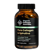 Organic Collagen Australia bottle with Pure Collagen & Spirulina capsules; antioxidant-rich daily support.