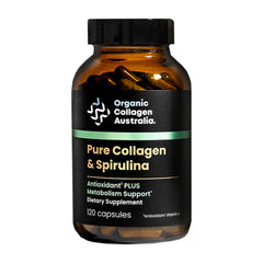 Organic Collagen Australia bottle with Pure Collagen & Spirulina capsules; antioxidant-rich daily support.