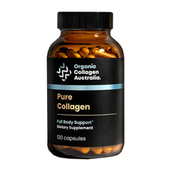 Organic Collagen Australia bottle of hydrolyzed capsules for daily skin and joint support.