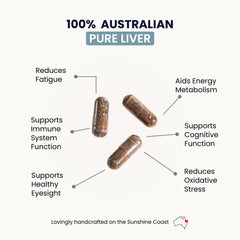 Organic Collagen Australia Pure Liver Capsules capsules close-up highlighting texture and quality.