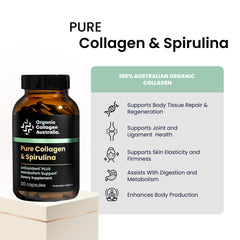 Close-up of Organic Collagen Australia spirulina capsules showing premium antioxidant blend.