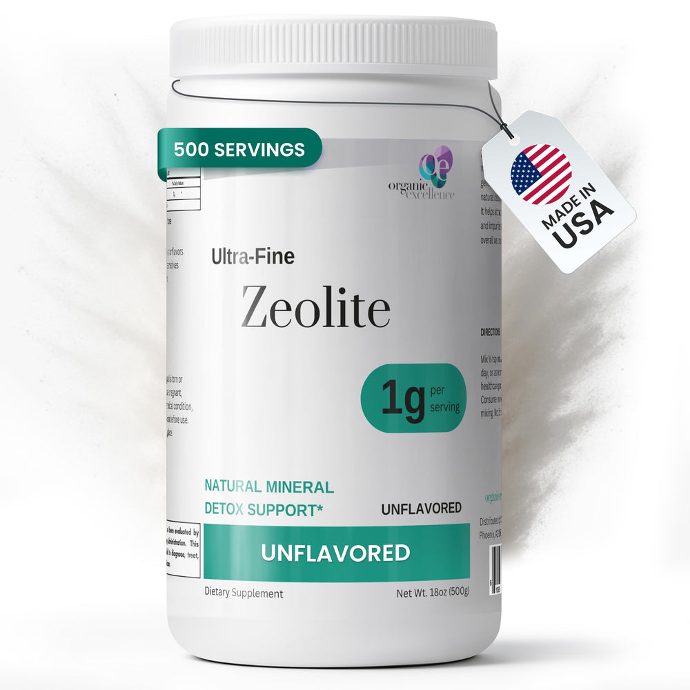 Organic Excellence Zeolite Clinoptilolite powder bottle shows pure mineral for daily gut health.