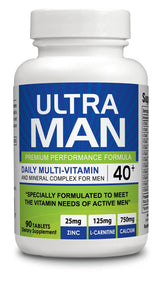 Organic Farms Vitamins Ultra Man bottle showing a daily energy support formula.