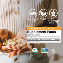 Organic India Ashwagandha capsules box front highlighting gluten-free and non-GMO features