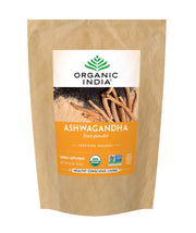 Organic India Ashwagandha powder bottle on shelf promotes natural stress resilience.