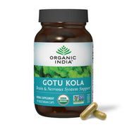 Organic India Gotu Kola capsules close-up for cognitive support potential.