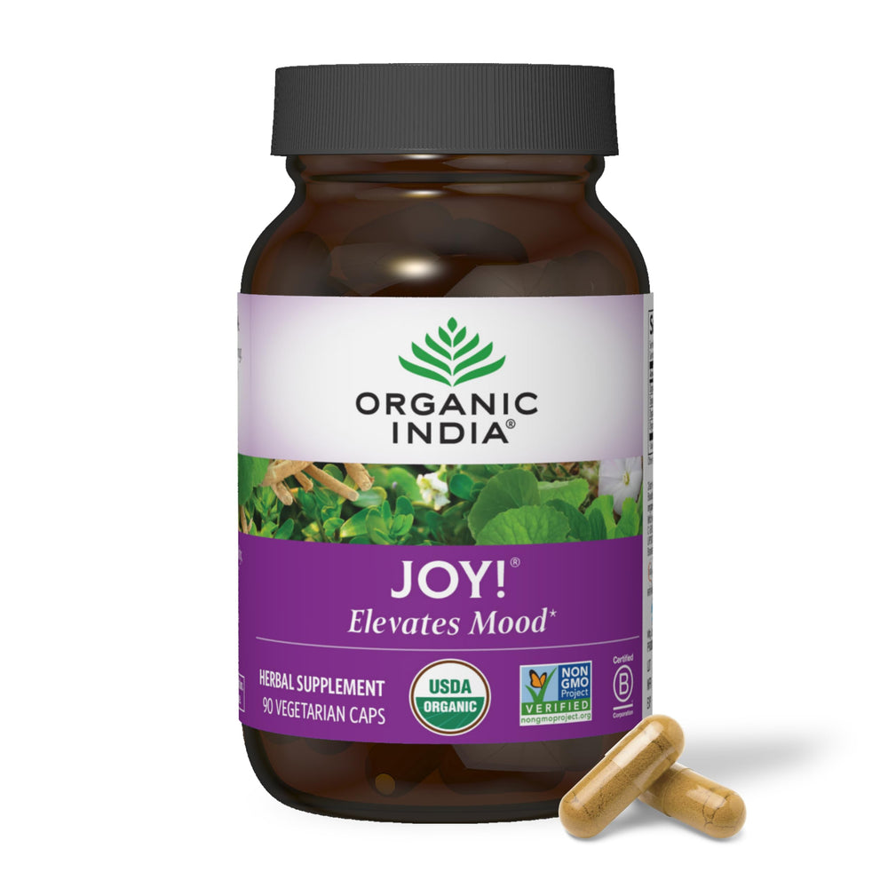 Organic India Joy bottle-front shows immune-support supplement for daily wellness.