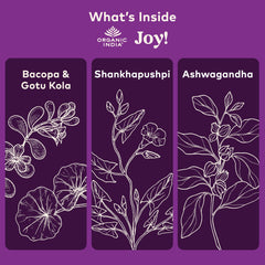 Organic India Joy label-detail displaying organic, vegan, and non-GMO certifications.