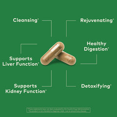 Organic India liver kidney capsules closeup showing texture and dosage cues.