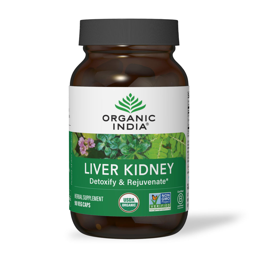 Organic India Liver Kidney supplement bottle front for daily wellness.