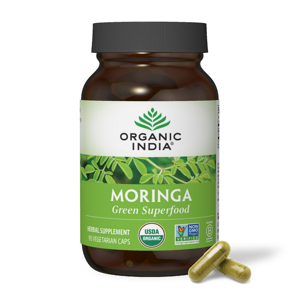 Organic India Moringa bottle label highlighting vegan and gluten-free status for daily wellness
